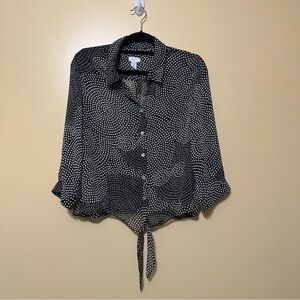 Chicos Circle Novelty Print Button Down Tie Waist Shirt Women Lg Black/white